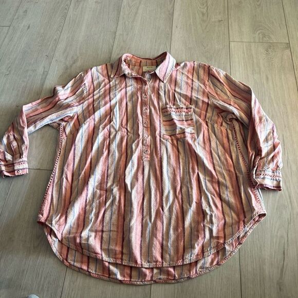 Anthropologie Maeve Lida Button Down Stripe Linen Top Pink size 1X - Picture 1 of 10